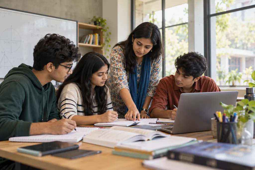 Teacher helping three students with their work around a classroom table