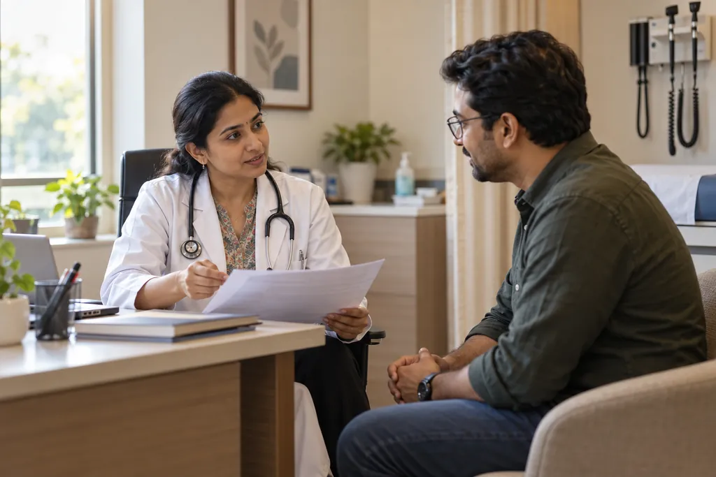 Doctor talking a patient through a report during a clinic consultation