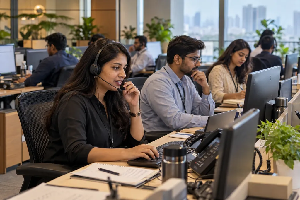 Customer-facing team on headsets handling calls at their desks