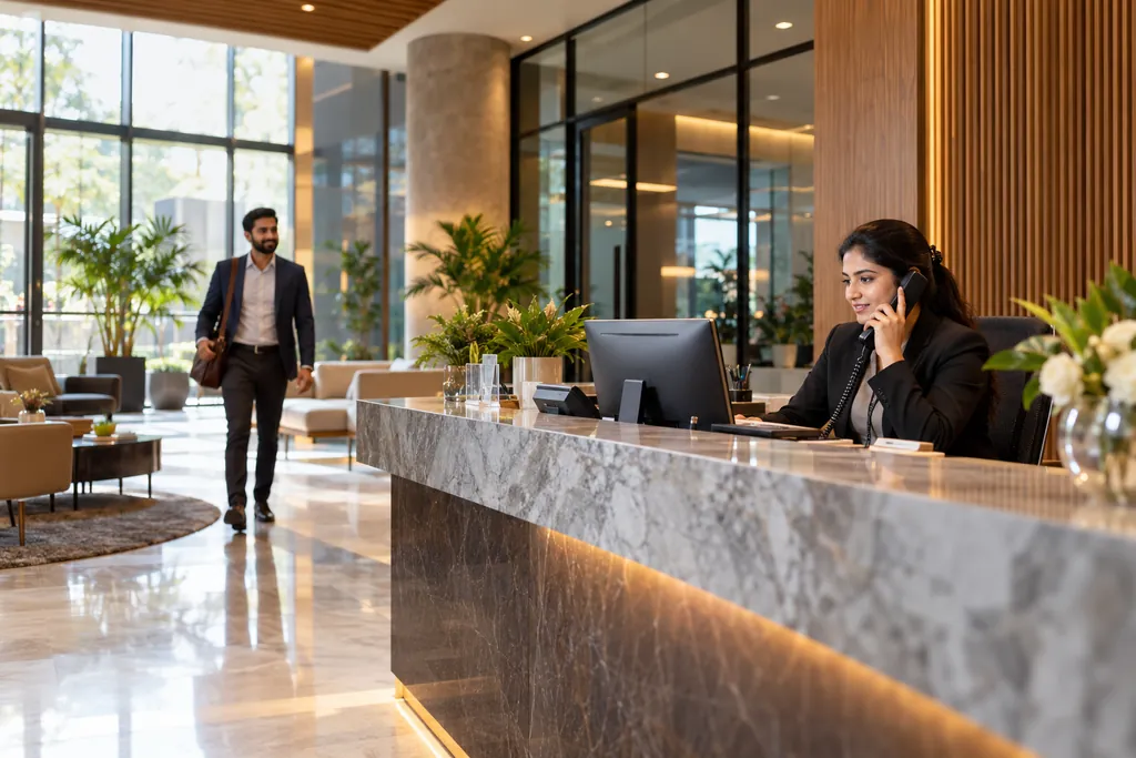 Receptionist taking a phone call at a marble front desk as a visitor walks into the lobby