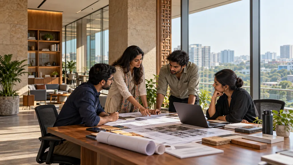 Product team reviewing plans around a long table in an office with city views