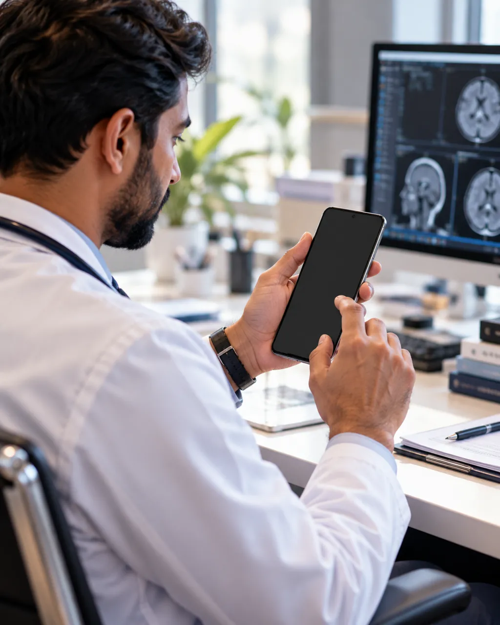 Doctor holding a phone at a desk with brain scans on the monitor behind