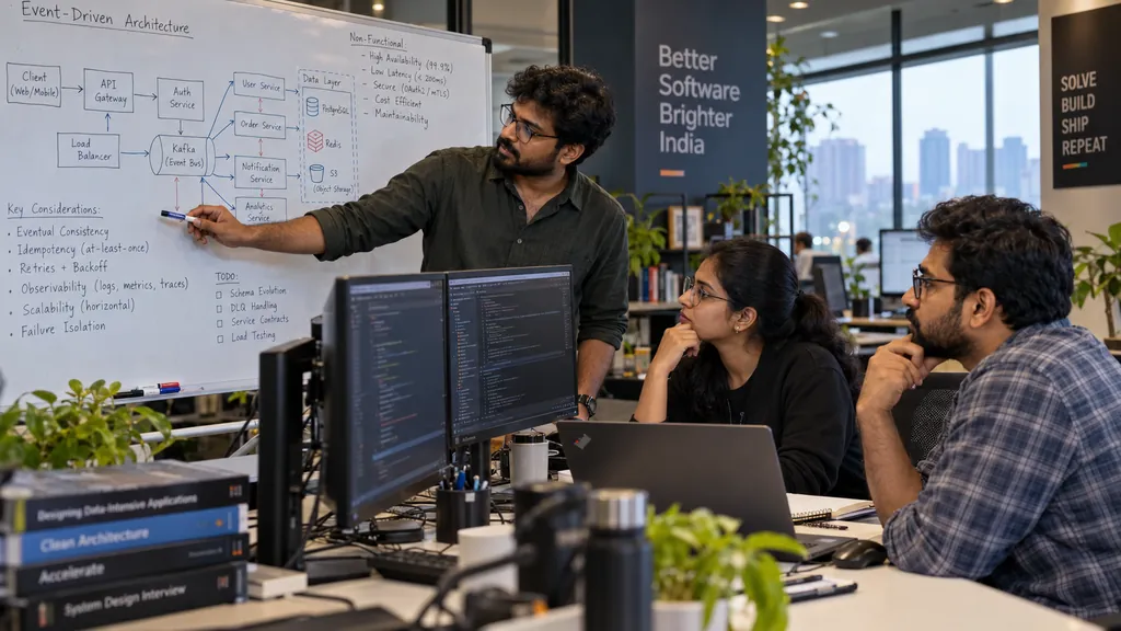 Engineer sketching an event-driven architecture on a whiteboard for two colleagues