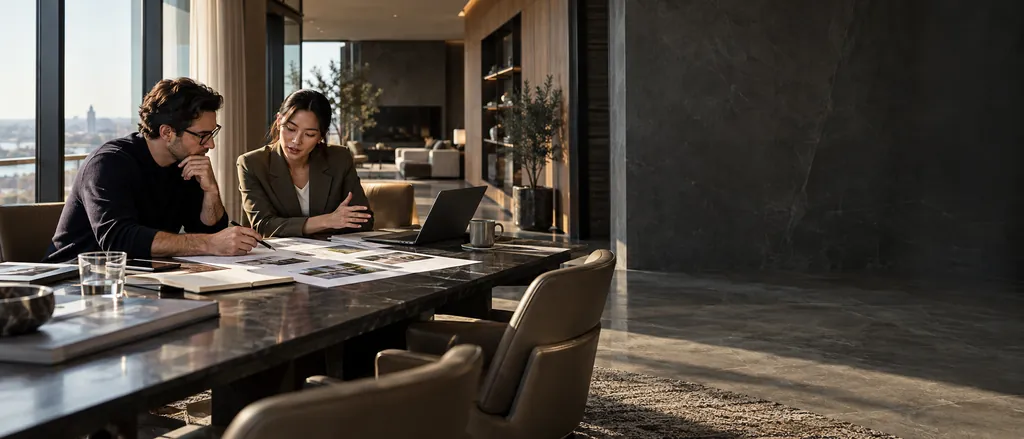 Two colleagues working through documents at a long table in a dim, modern office