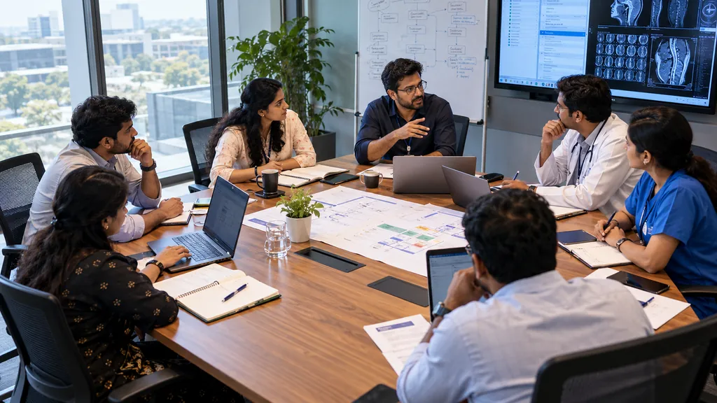 Clinicians and technologists planning a workflow together around a meeting table