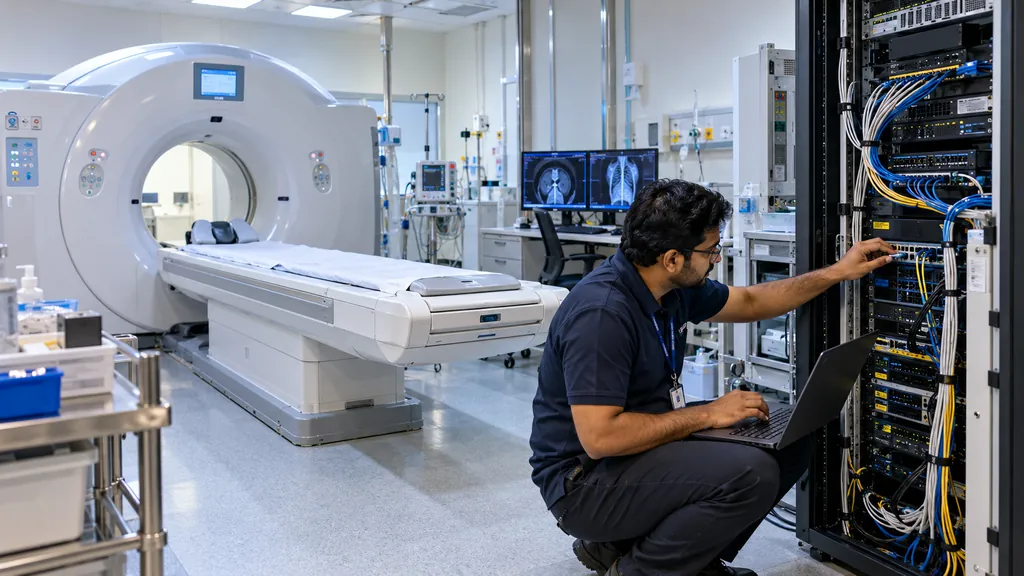 Technician connecting network equipment beside a CT scanner in a hospital imaging room
