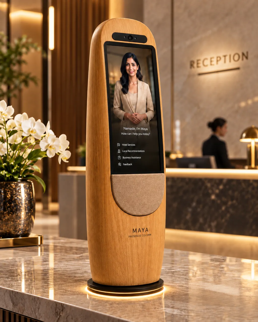 Concept render of a Maya Presence Column on a hotel reception counter, its screen greeting a guest and offering services