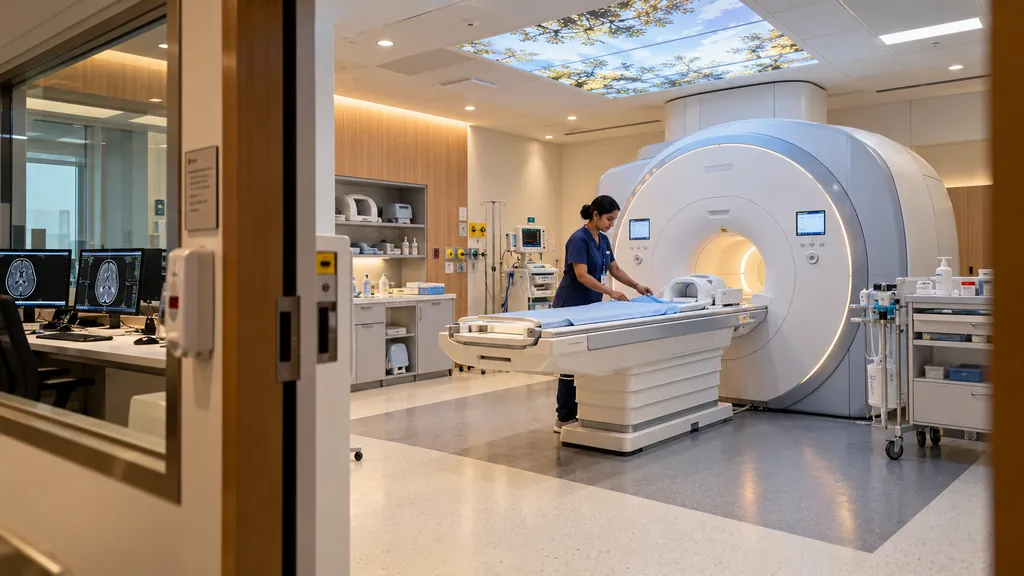 Technologist preparing the patient table of an MRI scanner in a hospital imaging suite
