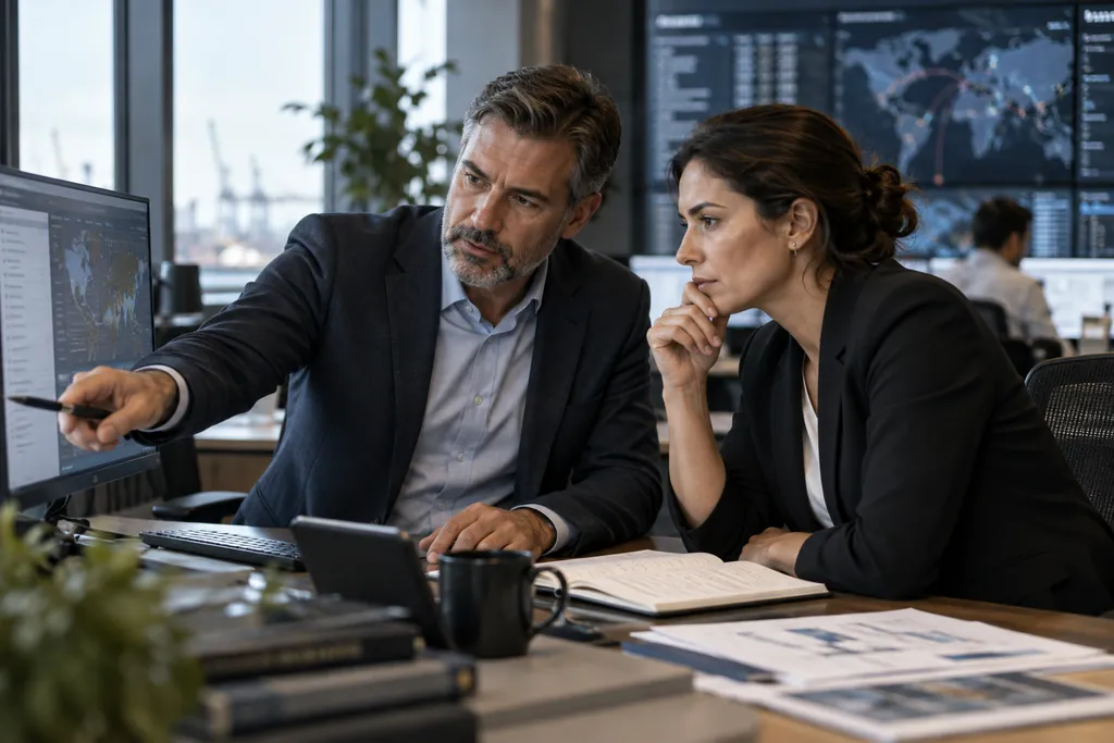Two operations leads reviewing live data on screens in a monitoring room