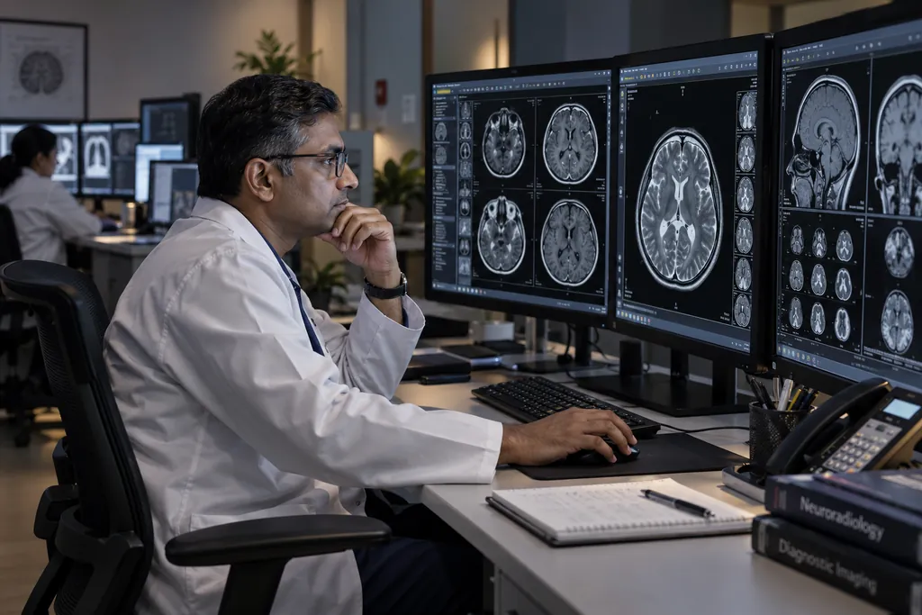 Radiologist studying brain MRI series across three diagnostic monitors