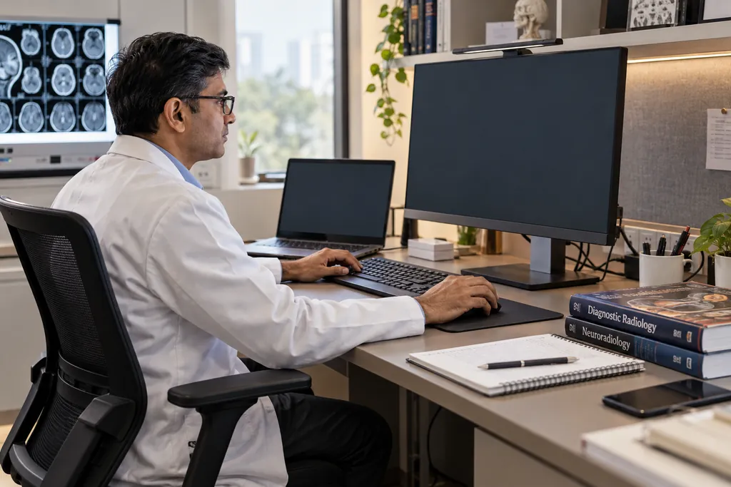 Radiologist working at a clinic workstation with reference books and scan films on the wall