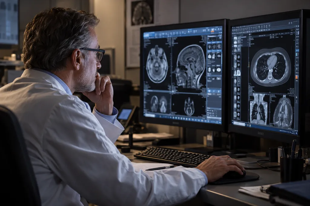 Radiologist comparing brain and chest CT images on two monitors before reporting
