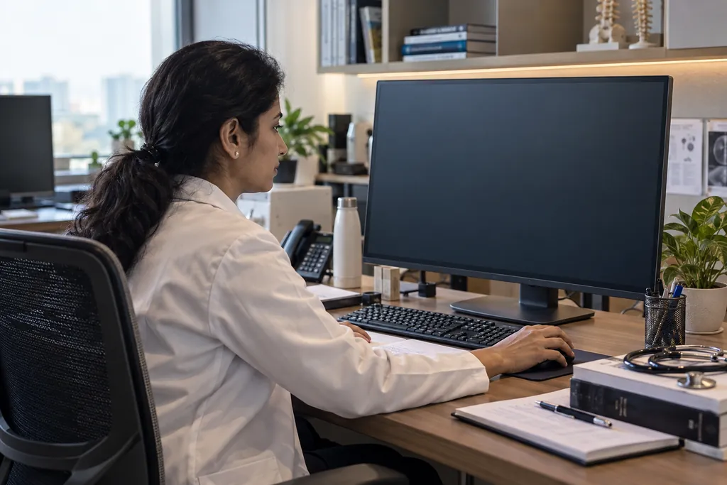 Radiologist at a diagnostic workstation in a quiet, sunlit office