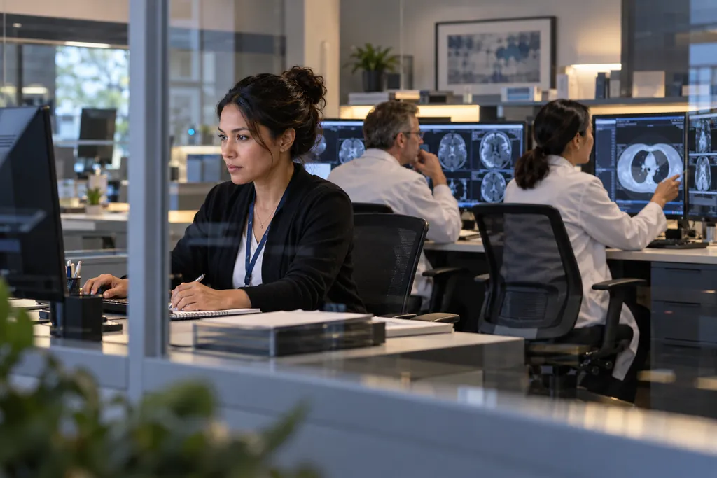 Radiologists reading scans side by side in a shared reading room