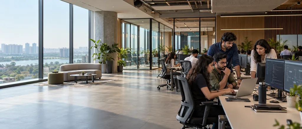 Engineers working together at desks in a bright open-plan office overlooking the city