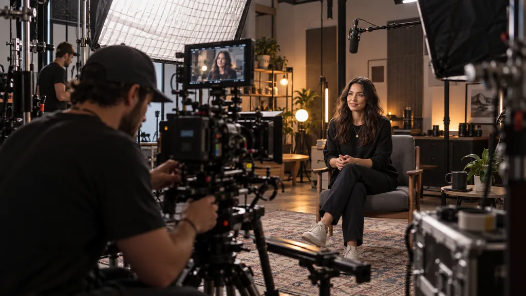 Camera operator recording a seated presenter in a lit video studio