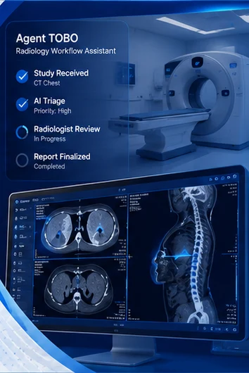 Agent TOBO workflow: study received, AI triage, radiologist review, report finalised, next to a DICOM viewer