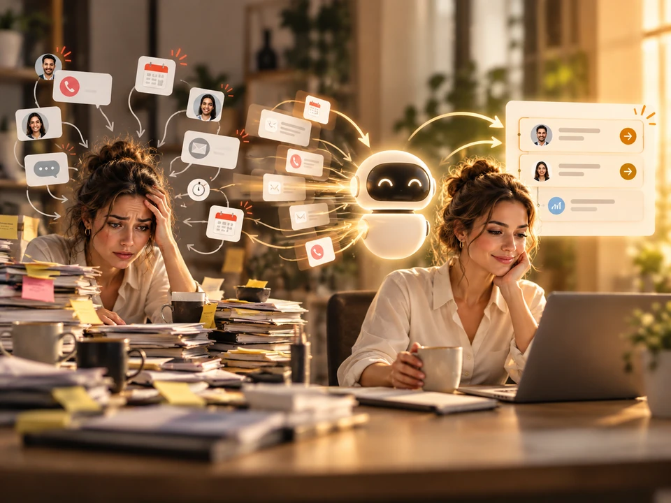 A business owner calm at her desk while Connect organises the conversations that used to pile up