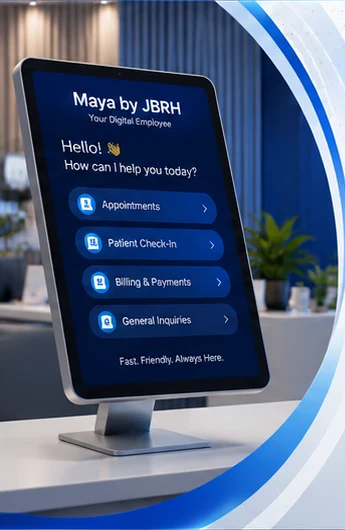 Maya by JBRH kiosk screen offering appointments, patient check-in, billing and general enquiries